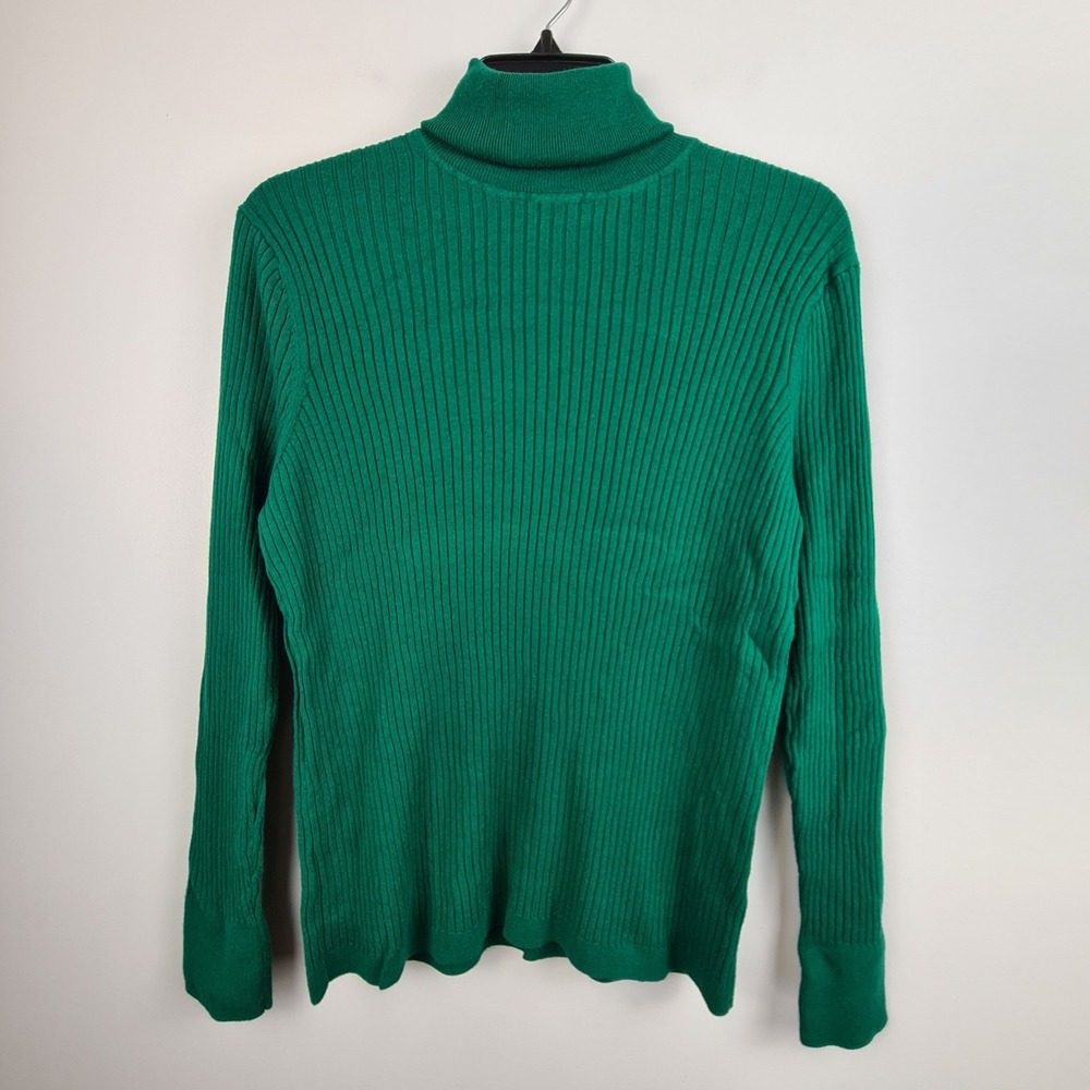 Talbots Petites Green Ribbed Turtleneck Sweater XL P Cotton Rayon Long Sleeve